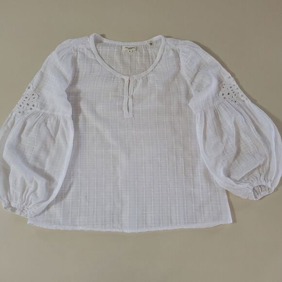 Max Studio Women's White Top with Lace Insert Balloon Sleeves - Picture 1 of 15